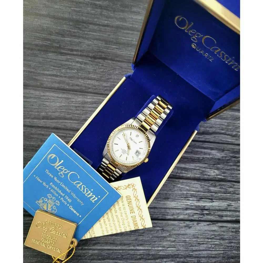 Rare‎ Vintage Oleg Cassini Mens Diamond Watch W Box Papers